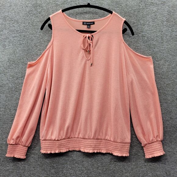 INC Blouse Women's Large Peach Pink Cold Shoulder Drawstring Knit Top NWT - Picture 1 of 12